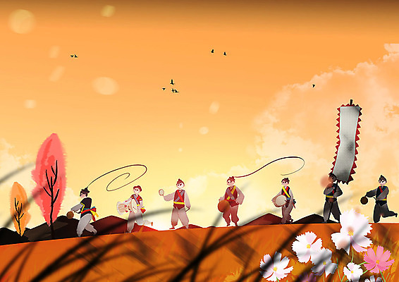 PSD 구름 전통 여자 명절 남자 일러스트 하늘 산 따뜻함 사람 풍경 초원 여러명 추석 노을 가을풍경 주황색 전통놀이 가을 풍물놀이 코스모스 국내일러스트 자연요소 계절 기념일 꽃 컬러 다수 놀이 국악 파일형식 가을_계절