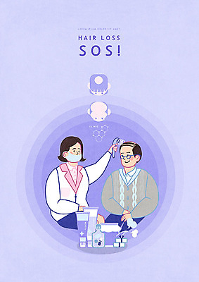 PSD 여자 남자 일러스트 스트레스 사람 성인 두명 치료 보라색 의사 원형 상품 한약 클리닉 불만 sos 탈모 탈모클리닉 성인만 국내일러스트 도형 감정 컬러 의학 약 의료진 구조요청 증상 파일형식