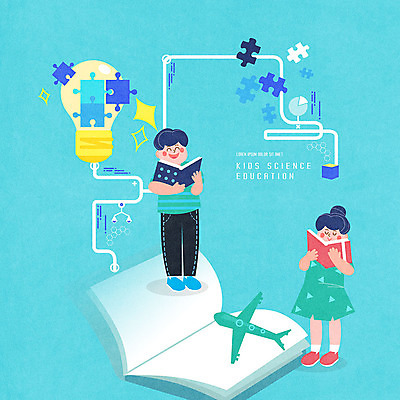 전신 도형 PSD 여자 어린이교육 교육 남자 어린이 과학 일러스트 전구 비행기 아이디어 사람 소녀 소년 두명 책 파란색 퍼즐 스마트 과학교육 발상 사이언스 수식 에듀 에듀케이션 이러닝 스쿨팩 국내일러스트 컬러 컨셉 항공교통 대중교통 파일형식