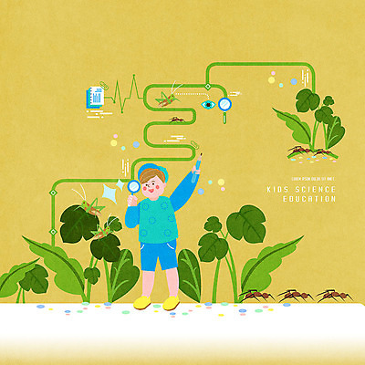 전신 PSD 어린이교육 교육 남자 어린이 과학 곤충 잎 일러스트 돋보기 한명 사람 소년 노란색 눈 관찰 스마트 과학교육 개미 메뚜기 관찰일기 사이언스 에듀 에듀케이션 이러닝 소년한명만 스쿨팩 국내일러스트 자연요소 식물 동물 1 컬러 컨셉 모션 날씨 일기 남자한명만 소년만 파일형식