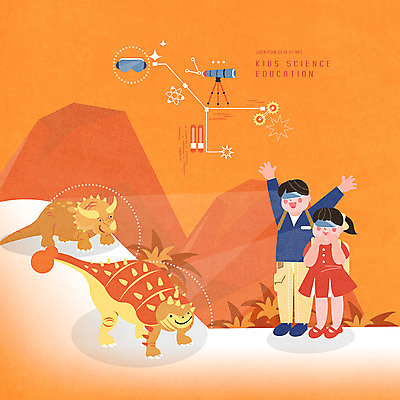 전신 PSD 여자 어린이교육 교육 남자 어린이 과학 일러스트 상상 미래 사람 소녀 소년 두명 주황색 망원경 탐험 체험 스마트 공룡 과학교육 사이언스 에듀 에듀케이션 이러닝 가상현실 어린이만 오큘러스 4차산업 VR기기 스쿨팩 미래산업 국내일러스트 산업 컬러 컨셉 파충류 기계 파일형식