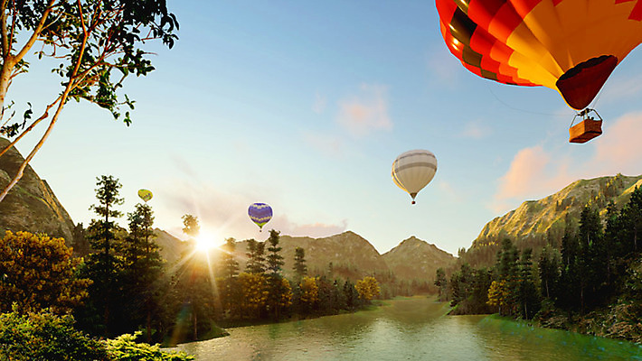 주간 PSD 편집이미지 호수 백그라운드 하늘 산 풍경 사람없음 야외 여름 햇빛 3D소스 열기구 숲 디지털합성 편집실사 편집3D 자연요소 계절 항공교통 태양 3D CG 파일형식