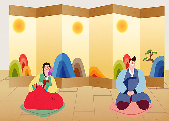 여자 명절 남자 행복 일러스트 가족 방석 사람 두명 컬러풀 추석 가을 인사 가족라이프 절 한복 즐거움 병풍 국내일러스트 AI파일 한국전통 전통 라이프스타일 계절 기념일 감정 컬러 관계 예절 전통의상 파일형식 벡터