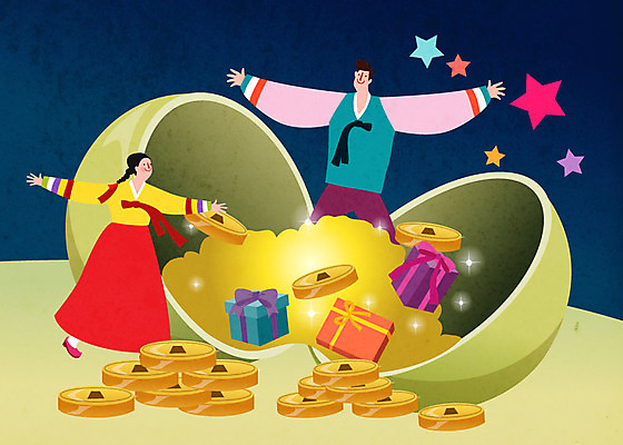 여자 명절 남자 행복 별 일러스트 가족 선물 사람 두명 노란색 추석 가을 가족라이프 한복 남색 즐거움 박 엽전 금은보화 박터트리기 국내일러스트 AI파일 자연요소 한국전통 전통 라이프스타일 계절 기념일 감정 컬러 관계 동전 전통의상 파일형식 벡터