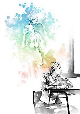 PSD 학생 여자 생각 일러스트 캘리그라피 창문 상상 청소년 붓터치 흑백 사람 10대 컬러풀 외침 탈출 책상 번짐 십대여자한명만 국내일러스트 컬러 가구 컨셉 촬영기법 소리 여자한명만 십대여자만 파일형식 효과