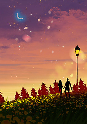 PSD 커플 여자 남자 실루엣 백그라운드 프로포즈 꽃밭 야경 가로등 일러스트 따뜻함 사랑 사람 성인 두명 노을 로맨틱 달 저녁 초승달 성인만 국내일러스트 자연요소 공공시설 꽃 감정 컨셉 관계 촬영기법 야간 파일형식 풍경_경치