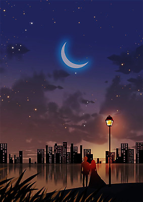 PSD 커플 여자 남자 실루엣 별 백그라운드 프로포즈 야경 일러스트 따뜻함 사랑 사람 성인 두명 로맨틱 달 도시 초승달 성인만 국내일러스트 자연요소 감정 컨셉 관계 촬영기법 야간 파일형식 풍경_경치