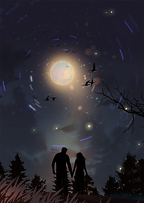 PSD 커플 여자 남자 실루엣 별 백그라운드 프로포즈 야경 일러스트 따뜻함 사랑 사람 성인 두명 산책 보름달 달 성인만 국내일러스트 자연요소 감정 관계 휴식 촬영기법 야간 파일형식 풍경_경치