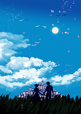 PSD 커플 여자 남자 실루엣 백그라운드 프로포즈 일러스트 하늘 따뜻함 사랑 사람 풍경 성인 두명 파란색 걷기 로맨틱 성 숲 성인만 클래식블루 국내일러스트 건축물 감정 컬러 컨셉 관계 모션 촬영기법 파일형식 트랜드컬러