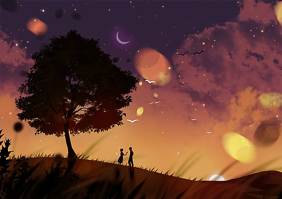PSD 나무 커플 여자 남자 꽃 실루엣 백그라운드 프로포즈 일러스트 따뜻함 사랑 사람 풍경 성인 두명 노을 로맨틱 동산 성인만 국내일러스트 자연요소 식물 감정 컨셉 관계 촬영기법 파일형식