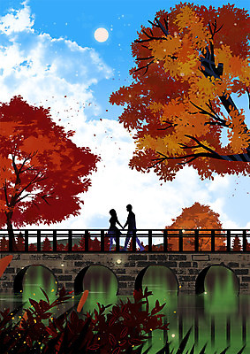 PSD 커플 여자 남자 실루엣 호수 백그라운드 단풍 프로포즈 일러스트 따뜻함 사랑 사람 풍경 성인 두명 걷기 가을 가교 성인만 가을배경 국내일러스트 건축물 계절 감정 잎 관계 모션 촬영기법 파일형식 가을_계절