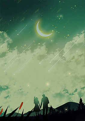 PSD 커플 여자 남자 실루엣 별 백그라운드 프로포즈 야경 일러스트 따뜻함 사랑 사람 성인 두명 달 초승달 성인만 국내일러스트 자연요소 감정 관계 촬영기법 야간 파일형식 풍경_경치