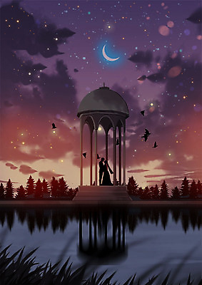 PSD 커플 여자 남자 실루엣 별 호수 백그라운드 프로포즈 야경 일러스트 따뜻함 사랑 사람 성인 두명 정원 로맨틱 달 초승달 성인만 국내일러스트 자연요소 감정 컨셉 관계 촬영기법 야간 파일형식 풍경_경치