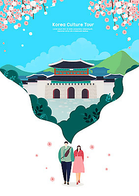 PSD 커플 여자 남자 여유 여행 하늘색 일러스트 자연 사람 풍경 두명 걷기 문화재 벚나무 한복 즐거움 경복궁 청록색 국내여행 국내일러스트 나무 한국전통 감정 컬러 관계 모션 한국 파란색 궁전 벚꽃 전통의상 생태계 파일형식