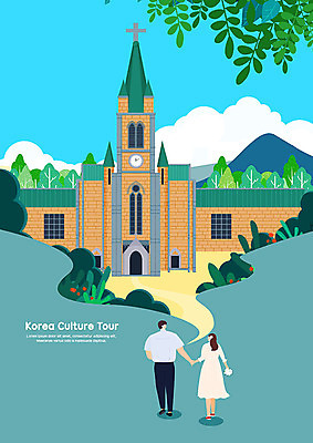 PSD 커플 여자 남자 여유 여행 일러스트 자연 사람 풍경 두명 컬러풀 걷기 문화재 즐거움 청록색 국내여행 명동성당 국내일러스트 감정 컬러 관계 모션 성당 생태계 명동 파일형식