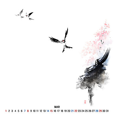 PSD 나무 꽃 일러스트 캘리그라피 조류 붓터치 새해 세마리 사람없음 숫자 봄 달력 3월 동양화 번짐 기와지붕 2020년 경자년 국내일러스트 식물 동물 문자 계절 지붕 기와 3 미술 날짜 연도 파일형식 효과