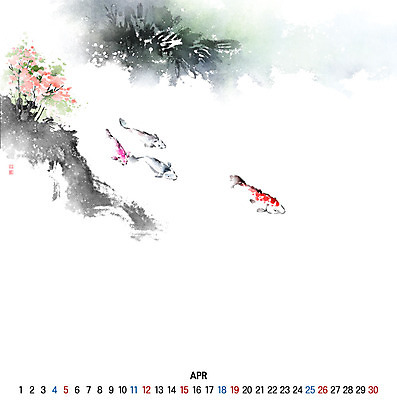 PSD 여러마리 일러스트 캘리그라피 붓터치 새해 사람없음 숫자 봄 달력 개울 4월 동양화 번짐 잉어 2020년 경자년 국내일러스트 문자 계절 다수 어류 미술 강 날짜 연도 파일형식 효과