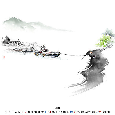 PSD 바다 일러스트 캘리그라피 붓터치 새해 사람없음 여름 숫자 달력 어선 6월 정박 동양화 번짐 선박 2020년 경자년 국내일러스트 문자 계절 수상교통 배_교통 미술 날짜 연도 파일형식 효과