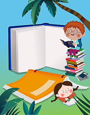 여자 교육 남자 어린이라이프 어린이 하늘색 일러스트 상상 교육캐릭터 사람 두명 책 연두색 야자수 독서 즐거움 상상력 에듀 어린이만 스쿨팩 국내일러스트 일러캐릭터 AI파일 나무 캐릭터 라이프스타일 감정 초록색 파란색 에듀케이션 파일형식 벡터
