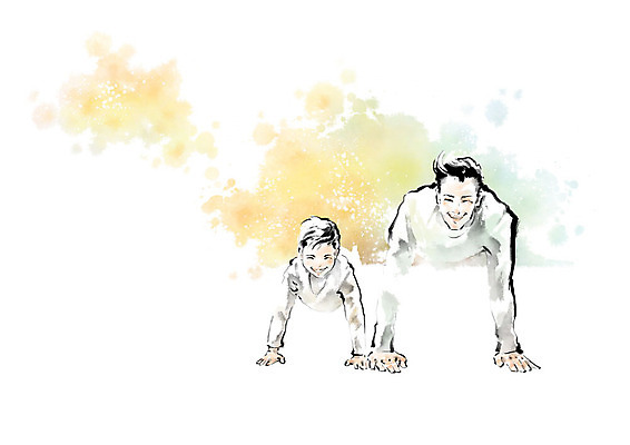 PSD 교육 남자 아들 어린이 일러스트 캘리그라피 붓터치 사람 성인 운동 노란색 아빠 팔굽혀펴기 번짐 에듀 에듀케이션 부자지간 남자만 스쿨팩 국내일러스트 컬러 가족 건강 파일형식 효과