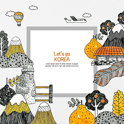 PSD 나무 여행 일러스트 산 비행기 프레임 한국 사람없음 관광지 제주도 노란색 귀여움 주황색 열기구 돌하르방 한라봉 국내여행 랜드마크 프레임일러스트 국내일러스트 식물 아시아 컬러 컨셉 과일 항공교통 대중교통 파일형식