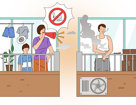 PSD 식물 여자 남자 어린이 일러스트 엄마 흡연 담배 건강 사람 성인 세명 상자 확성기 발코니 연기 빨래 아저씨 금연 재떨이 이웃 환풍기 금연구역 주민 흡연금지 엄격한 국내일러스트 캠페인 가사 가족 장비 금지 사회이슈 제한구역 파일형식