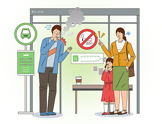 PSD 여자 남자 커피 어린이 일러스트 엄마 버스 흡연 담배 건강 사람 성인 세명 연기 버스정류장 금연 금연구역 버스표지판 흡연금지 엄격한 국내일러스트 음료 육상교통 캠페인 가족 대중교통 금지 표지판 역 사회이슈 제한구역 파일형식