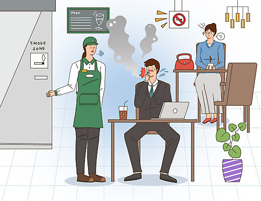 PSD 여자 남자 화분 커피 음료 일러스트 탁자 조명 흡연 담배 건강 사람 성인 세명 노트북 카페 핸드백 연기 직원 메뉴 금연 아르바이트 금연구역 흡연금지 엄격한 성인만 최저임금 비정규직 국내일러스트 캠페인 가구 가방 비즈니스 경제 전자제품 상점 금지 사회이슈 제한구역 파일형식