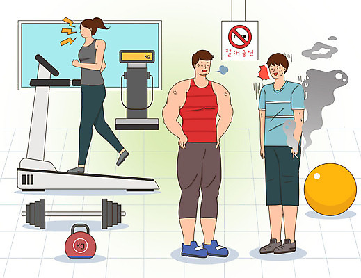 PSD 여자 남자 일러스트 근육 흡연 담배 건강 사람 성인 세명 아령 헬스장 짐볼 연기 역기 체중계 런닝머신 금연 금연구역 흡연금지 엄격한 성인만 국내일러스트 캠페인 운동기구 헬스 금지 사회이슈 제한구역 파일형식