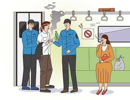PSD 여자 남자 의자 가방 일러스트 창문 봉투 흡연 담배 건강 손잡이 사람 여러명 성인 문 연기 전철 만취 금연 소주 소주병 금연구역 요원 흡연금지 엄격한 성인만 국내일러스트 잡화 육상교통 캠페인 가구 다수 술병 대중교통 주류 금지 사회이슈 술취함 제한구역 파일형식