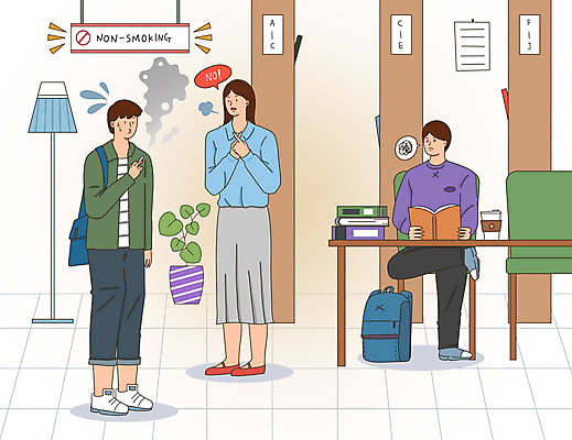 PSD 식물 학생 여자 남자 커피 의자 가방 일러스트 책장 흡연 담배 건강 사람 성인 책 세명 스탠드 연기 도서관 책상 직원 금연 금연구역 흡연금지 엄격한 성인만 국내일러스트 잡화 교육 음료 캠페인 가구 조명 금지 사회이슈 제한구역 파일형식