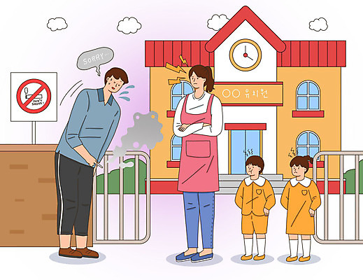 PSD 여자 남자 어린이 일러스트 거리 흡연 담배 건강 사람 여러명 성인 담장 교사 유치원 유치원생 연기 사과 금연 금연구역 정문 흡연금지 엄격한 국내일러스트 직업 교육 캠페인 다수 과일 문 금지 사회이슈 제한구역 파일형식