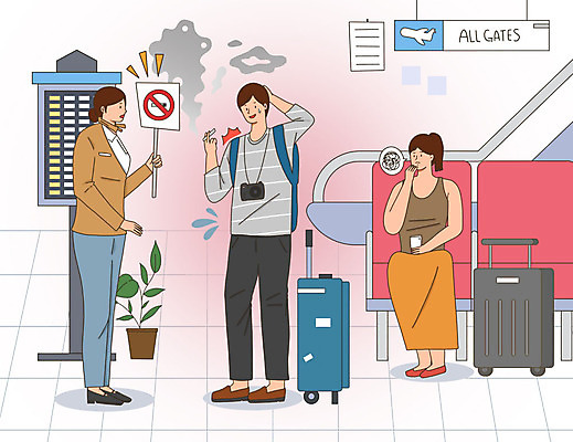 PSD 식물 여자 남자 의자 일러스트 배낭 흡연 담배 건강 사람 성인 세명 카메라 캐리어 표지판 연기 시간표 공항 승무원 금연 에스컬레이터 금연구역 흡연금지 엄격한 성인만 국내일러스트 직업 캠페인 가구 가방 교통시설 알림판 전자제품 여행가방 금지 계획 사회이슈 제한구역 파일형식