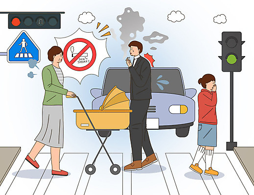 PSD 구름 여자 남자 어린이 일러스트 자동차 거리 흡연 담배 건강 사람 성인 세명 표지판 보행자 횡단보도 연기 신호등 금연 유모차 금연구역 스쿨존 흡연금지 엄격한 간접흡연 국내일러스트 자연요소 육상교통 캠페인 알림판 아기용품 금지 보행로 사회이슈 제한구역 파일형식