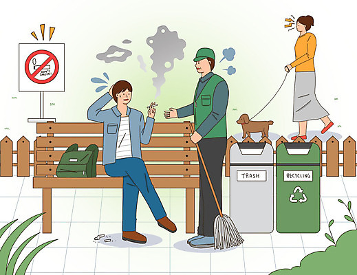 PSD 공원 여자 남자 벤치 가방 일러스트 흡연 담배 건강 사람 성인 세명 울타리 산책 쓰레기통 연기 강아지 빗자루 금연 분리수거함 금연구역 환경미화원 흡연금지 엄격한 성인만 국내일러스트 직업 잡화 공공시설 캠페인 의자 휴식 담장 반려동물 금지 개 청소도구 사회이슈 제한구역 수거함 파일형식