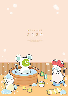 겨울 일러스트 새해 프레임 세마리 사람없음 수건 주황색 목욕 욕실 달력 십이지신 세수 쥐띠 쥐 팩 쥐캐릭터 사우나 2월 프레임일러스트 흰쥐 2020년 경자년 국내일러스트 AI파일 계절 컬러 동물캐릭터 3 위생용품 청결 화장품 날짜 설치류 연도 파일형식 벡터