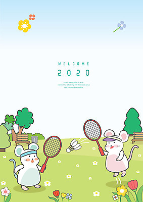 나무 공원 하늘색 두마리 일러스트 새해 프레임 사람없음 봄 달력 십이지신 쥐띠 쥐 4월 셔틀콕 배드민턴 쥐캐릭터 프레임일러스트 흰쥐 2020년 경자년 국내일러스트 AI파일 식물 계절 공공시설 스포츠용품 동물캐릭터 2 파란색 구기 날짜 설치류 연도 파일형식 벡터