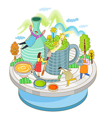 나무 식물 구름 여자 남자 문화 일러스트 상상 산 사람 여러명 취미 컵 앞치마 물감 흙 붓 도자기 도자기공예 즐거움 문화생활 도자기공방 국내일러스트 AI파일 자연요소 라이프스타일 식기 감정 다수 미술도구 공예 파일형식 벡터