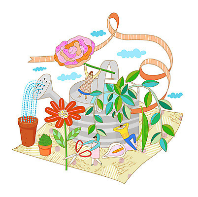 식물 구름 여자 남자 꽃 리본 화분 문화 일러스트 상상 가위 사람 취미 세명 물뿌리개 포장지 꽃꽂이 즐거움 문화생활 국내일러스트 AI파일 자연요소 라이프스타일 감정 포장 문구용품 원예 파일형식 벡터