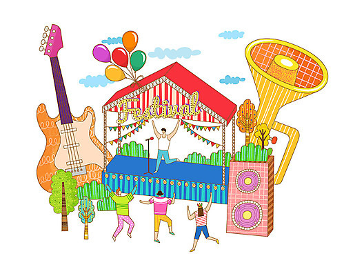 나무 구름 여자 남자 문화 일러스트 상상 사람 여러명 취미 축제 스피커 가수 무대 기타 춤 공연장 나팔 마이크 즐거움 풍선 문화생활 국내일러스트 AI파일 자연요소 식물 라이프스타일 감정 악기 음향기기 다수 현악기 문화예술 음악가 극장 파일형식 벡터