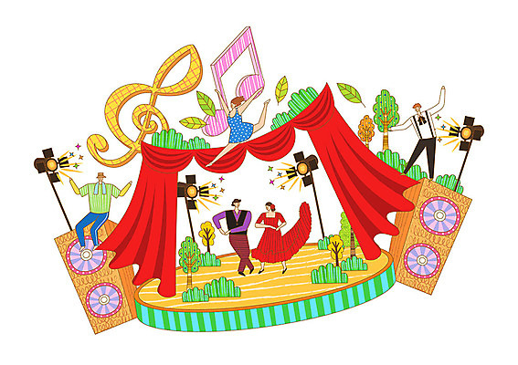 나무 여자 남자 문화 음표 일러스트 상상 조명 사람 여러명 취미 반짝임 점프 스피커 무대 춤 높은음자리표 공연장 즐거움 댄스교실 문화생활 국내일러스트 AI파일 식물 라이프스타일 기호 감정 음악 음향기기 다수 모션 수업 문화예술 극장 파일형식 벡터