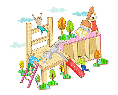 나무 구름 여자 남자 문화 일러스트 사다리 상상 책장 사람 여러명 취미 붓 못 망치 즐거움 가구공방 문화생활 국내일러스트 AI파일 자연요소 식물 라이프스타일 감정 가구 다수 도구 공구 작업실 공예 파일형식 벡터