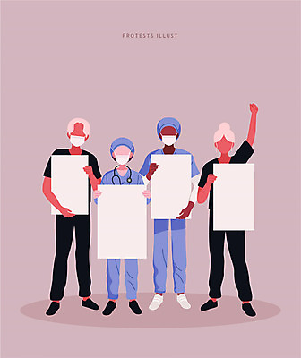 여자 남자 일러스트 의학 사각프레임 함께함 병원 들기 여러명 성인 평화 팻말 간호사 의사 사회이슈 시위 의료계 투쟁 얼굴없음 국내일러스트 AI파일 다수 컨셉 모션 프레임 사람 사각형 의료진 파일형식 벡터