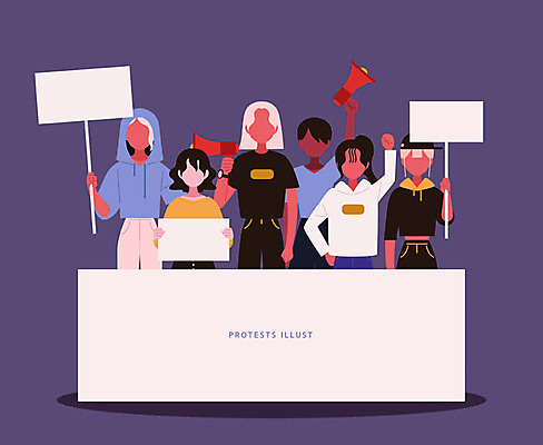 여자 일러스트 사각프레임 함께함 들기 여러명 성인 평화 확성기 팻말 사회이슈 시위 투쟁 평등 얼굴없음 여자만 미투운동 양성평등 국내일러스트 AI파일 다수 컨셉 모션 프레임 사람 사각형 파일형식 벡터