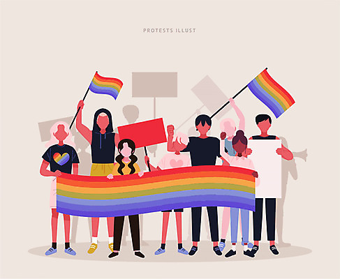 여자 남자 일러스트 사각프레임 함께함 들기 여러명 성인 컬러풀 평화 팻말 사회이슈 시위 동성애자 투쟁 얼굴없음 젠더리스 성소수자 젠더 국내일러스트 AI파일 패션 컬러 다수 컨셉 모션 프레임 사람 사각형 파일형식 벡터