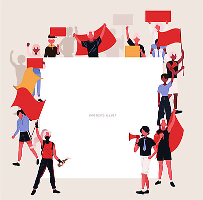 여자 남자 일러스트 사각프레임 프레임 함께함 들기 여러명 성인 평화 확성기 외침 팻말 깃발 사회이슈 시위 투쟁 얼굴없음 화염병 국내일러스트 AI파일 다수 컨셉 모션 사람 사각형 소리 병_담는 파일형식 벡터