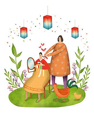 PSD 식물 여자 명절 꽃 일러스트 가족 엄마 함께함 병아리 사람 소녀 두명 추석 화목 거울 가을 하트 등불 닭 한복 청사초롱 여자만 국내일러스트 모양 한국전통 전통 계절 기념일 어린이 컨셉 관계 조류 조명 전통의상 초롱 파일형식