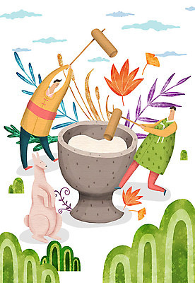 PSD 식물 구름 명절 남자 일러스트 가족 떡 함께함 사람 두명 추석 화목 가을 토끼 한복 절구 떡방아 떡망치 국내일러스트 자연요소 한국전통 전통 계절 기념일 컨셉 포유류 관계 반려동물 도구 망치 전통의상 방아 파일형식