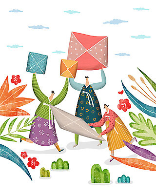 PSD 식물 구름 여자 명절 남자 꽃 일러스트 가족 함께함 사람 세명 추석 화목 가을 한복 딱지 딱지치기 국내일러스트 자연요소 한국전통 전통 계절 기념일 컨셉 관계 놀이 전통의상 파일형식