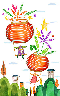 PSD 나무 식물 구름 여자 명절 남자 꽃 별 일러스트 가족 한옥 함께함 사람 두명 추석 화목 달 가을 열기구 하트 등불 한복 국내일러스트 자연요소 모양 한국전통 전통 계절 기념일 컨셉 고건축 관계 항공교통 조명 전통의상 파일형식